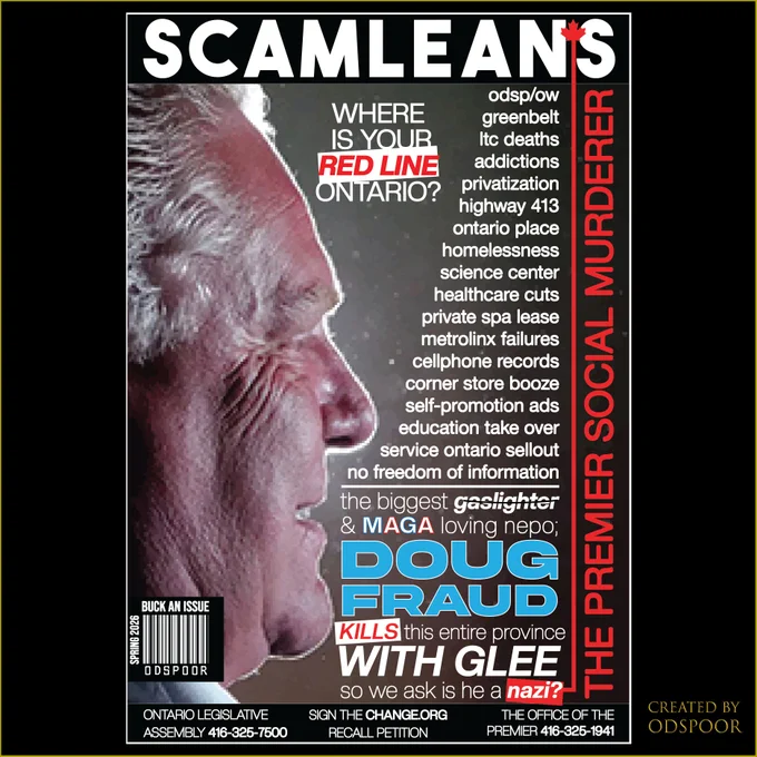 a close up photo of Doug Ford's face with light glistening off, and the body of the tweet is laid out graphicly around him with highlights and popping red/white on blackish background. 