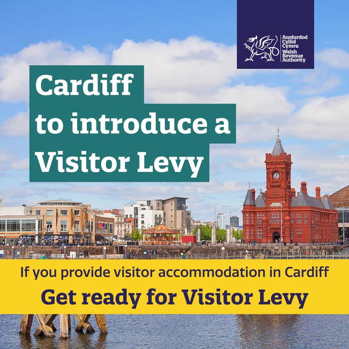 Text on image reads, Cardiff to introduce a Visitor Levy. If you provide visitor accommodation in Cardiff, get ready for Visitor Levy.

Background shows Mermaid Quay waterfront.