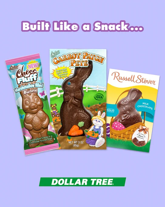 Three different chocolate bunny treats displayed against a purple background with the phrase 'Built Like a Snack...' above them.