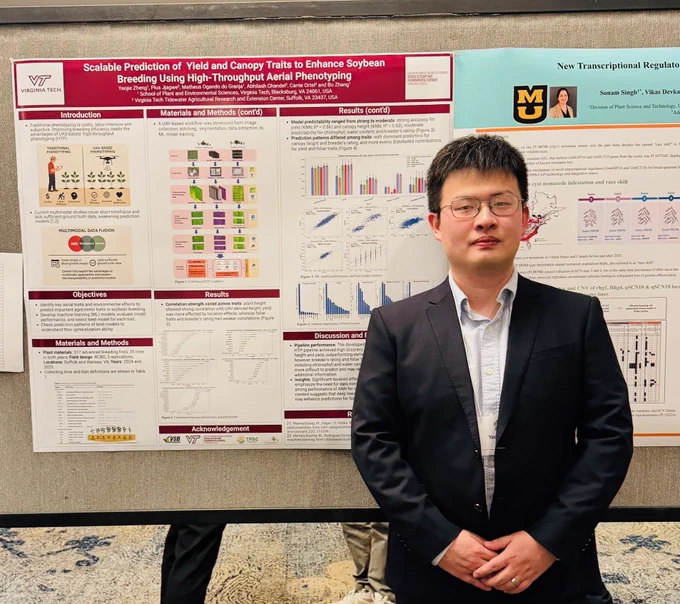 Yaojie Zheng and his research poster, "Scalable Prediction of Yield and Canopy Traits to Enhance Soybean Breeding using High-Throughput Aerial Phenotyping".