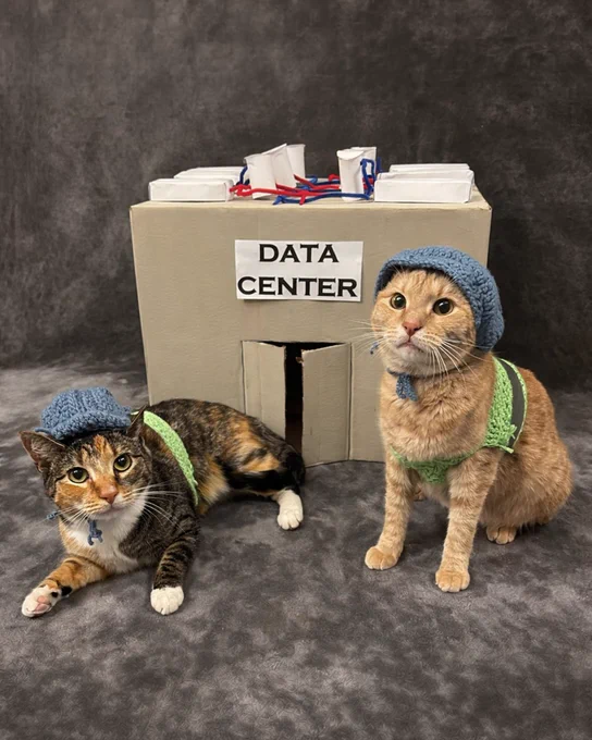 Two cats posed in front of a small handmade cardboard model labeled “Data Center.” One cat lies on the floor while the other sits upright. Both wear knitted blue hats and green harnesses, styled like miniature field engineers. The model includes simple rooftop details and wiring, creating a playful, creative take on a data center environment.
