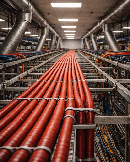 High-angle view inside a data center showing a dense network of red conduits running along metal cable trays. The cables form a strong leading line toward the back of the room, surrounded by additional blue, orange, and black wiring, structural framing, and large silver ventilation ducts overhead in a brightly lit industrial environment.