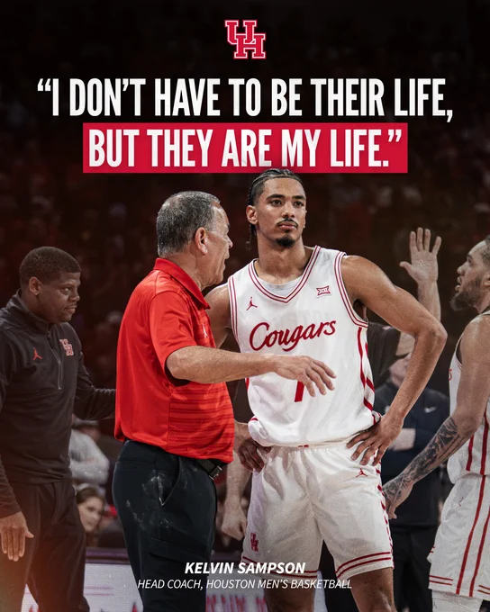 Coach Kelvin Sampson talking with Milos Uzan at a game. A quote from Sampson reads, “I don’t have to be their life, but they are my life.”