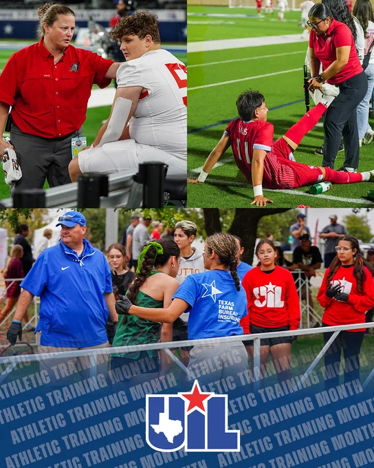 Collage of athletic trainers supporting student-athletes: top left, a trainer speaks with and evaluates a football player on the sideline; top right, a trainer stretches a soccer player’s leg on the field; bottom, a trainer assists a cross country runner. UIL logo and “Athletic Training Month” graphic overlay at the bottom.
