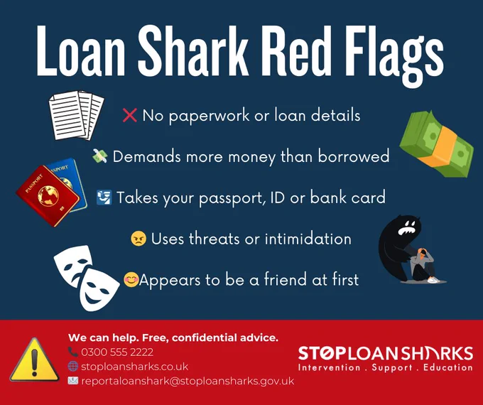 oan sharks often:

❌ Charge extremely high interest rates
❌ Use threats or intimidation
❌ Take personal belongings like phones, passports, or bank cards
❌ Pressure you or your friends for repayments
⚠️ Remember: Loan sharks are illegal, and you are not in trouble for reporting them.
✔️ If someone is offering quick cash and asking for repayments that seem unfair or threatening, it could be a loan shark.
💬 If you’re worried or need help:
• Speak to the University Security Team or Student Support Services
• Report it confidentially to Stop Loan Sharks England

🔗 https://www.stoploansharks.co.uk

Your safety and wellbeing matter. If something doesn’t feel right, talk to someone and get support.