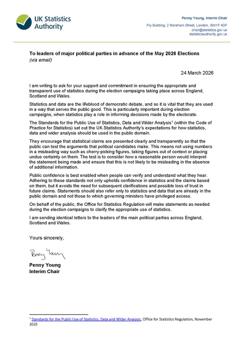 Penny Young's letter to leaders of political parties in advance of the May 2026 elections. The full letter is available in HTML through the link in the post.