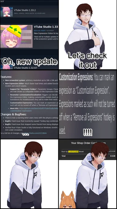 A little comic about Roman finding out about the newest VTube Studio update. The newest update can let you set an expression on customizable models so whenever the "Reset Expression" is triggered, the customization stay. This comic not only shows that but also, that Roman got a customizable model for free a while ago. In the last row it shows him surprised on the left and on the right is said customizable model that should look like his AIVTuber "Yuzuki"