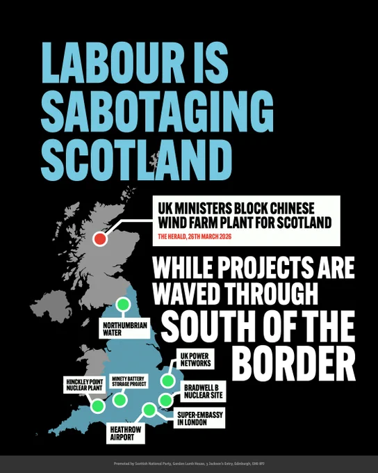 Map highlighting UK locations where energy projects are approved, contrasting with a blocked Chinese wind farm in Scotland, criticized as sabotage by Labour.