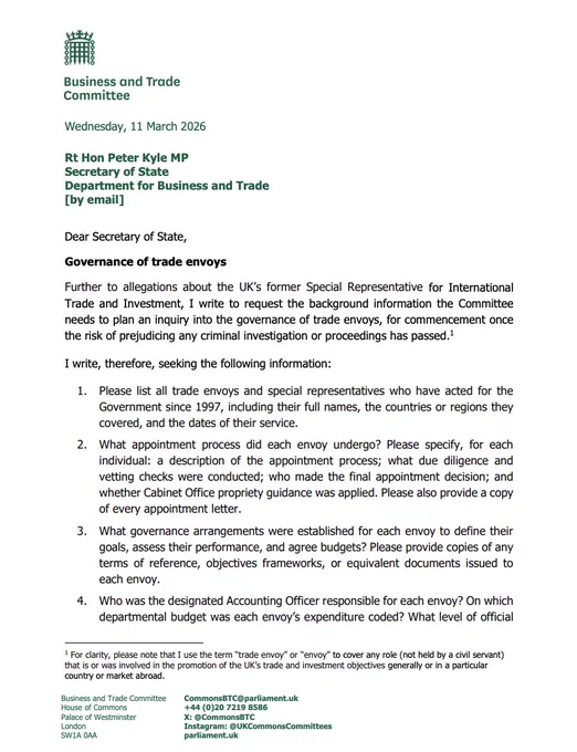 A letter from the Business and Trade Committee to the Department for Business and Trade on the governance of trade envoys.

Read the full letter: https://committees.parliament.uk/publications/52435/documents/291083/default/