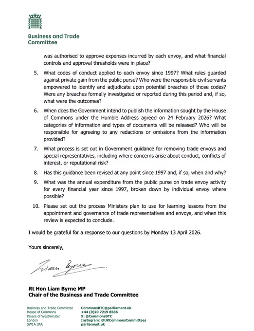 A letter from the Business and Trade Committee to the Department for Business and Trade on the governance of trade envoys.

Read the full letter: https://committees.parliament.uk/publications/52435/documents/291083/default/