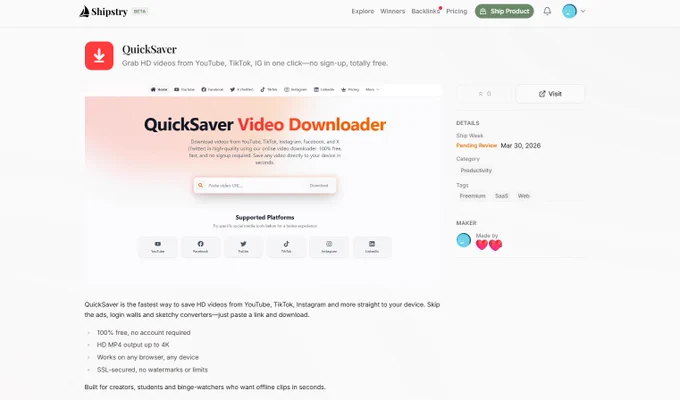 QuickSaver a online Video Downloader for all social media.