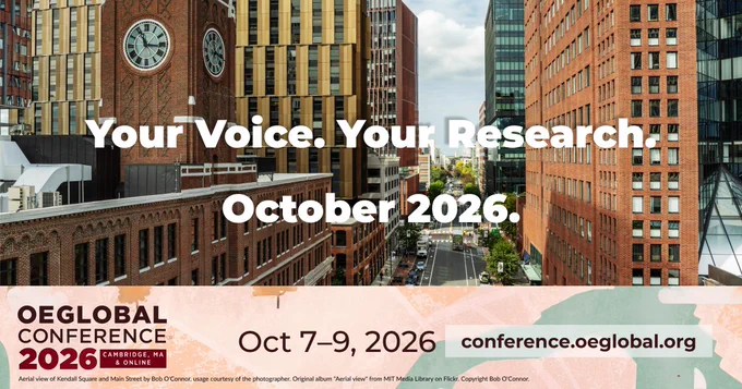 Kendall Square_Photo by Bob O'Connor, usage courtesy of the photographer, sourced from MIT Media Library on Flickr. Copyright Bob O'Connor. Below the photograph is the maroon 2026 OEGlobal conference Logo for OEGlobal Conference 2026 with the text Cambridge, MA, & Online, Oct 7-9, 2026, and the conference website: https://conference.oeglobal.org against an artistic rendering of a map in salmon and cyan, created by Mario Badilla at OEGlobal. 