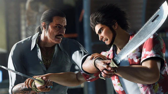 A scene from Like a Dragon: Infinite Wealth showing Ichiban in close combat, clashing large knives indoors in an intense face-to-face struggle.