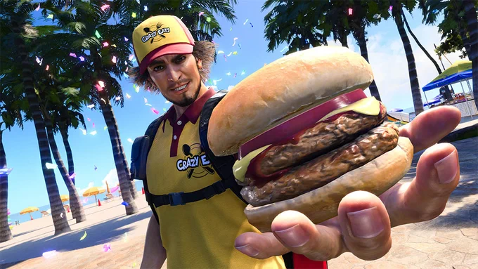 A scene from Like a Dragon: Infinite Wealth of Ichiban in a yellow uniform holding a large burger toward the camera on a sunny beach with palm trees and confetti.