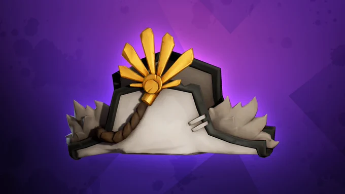 An extremely fancy hat pictured against a purple background. The hat is white with a black edge, fur and a golden, sun-like emblem at its peak.