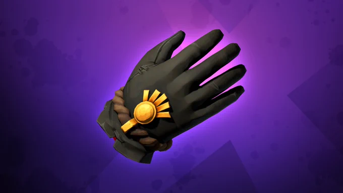 A fancy pair of gloves against a purple background. The gloves are black, but have a golden accent starting at the wrist and covering the back of the hand.