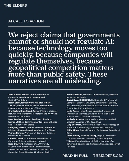 We reject claims that governments cannot or should not regulate AI: because technology moves too quickly, because companies will regulate themselves, because geopolitical competition matters more than public safety. These narratives are all misleading.