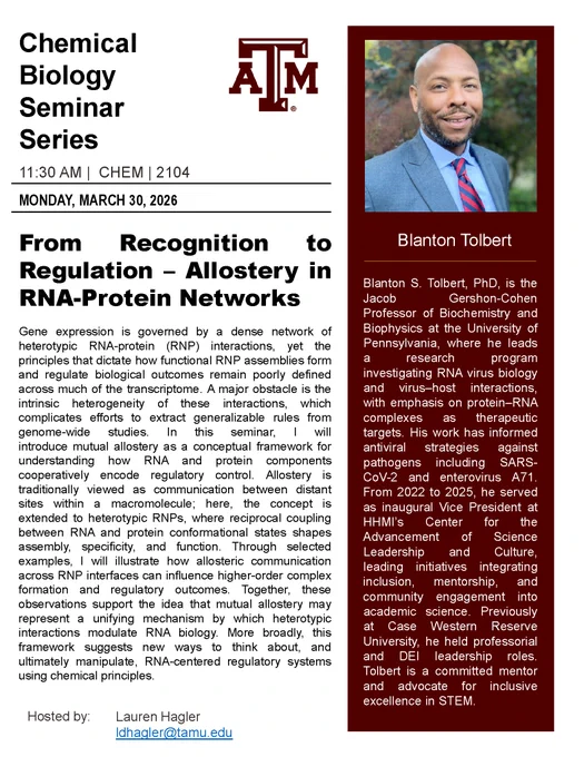 Seminar flyer with abstract text: Gene expression is governed by a dense network of heterotypic RNA-protein (RNP) interactions. The intrinsic heterogeneity of these interactions complicates efforts to extract generalizable rules from genome-wide studies. In this seminar, I will introduce mutual allostery as a conceptual framework for understanding how RNA and protein components cooperatively encode regulatory control. The concept of allostery is extended to heterotypic RNPs, where reciprocal coupling between RNA and protein conformational states shapes assembly, specificity, and function. I will illustrate how allosteric communication across RNP interfaces can influence complex formation and regulatory outcomes. Mutual allostery may represent a unifying mechanism by which heterotypic interactions modulate RNA biology. More broadly, this framework suggests new ways to think about, and ultimately manipulate, RNA-centered regulatory systems using chemical principles.