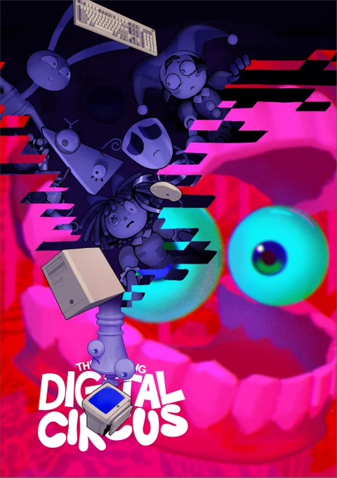 Illustration of the main cast of The Amazing Digital Circus looking distraught through a rift, dreading what awaits them after the deletion of Caine, as his visage looms in the background.