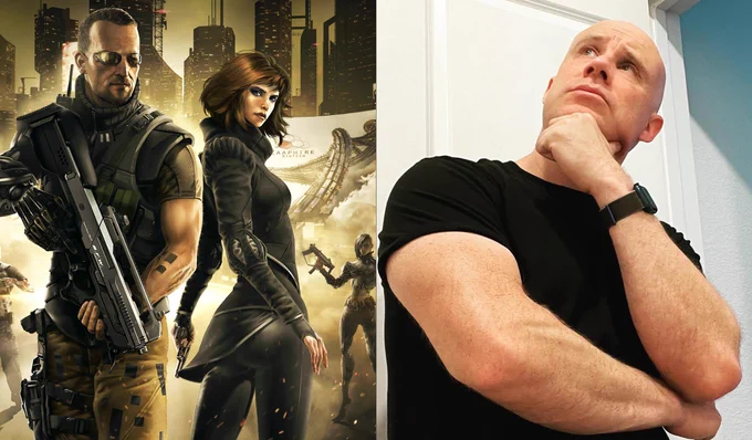A combination of the cover art of  Deus Ex: The Fall (left) and Deus Ex 1 composer Alexander Brandon (right).