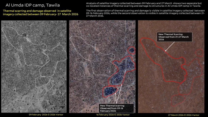 Al Umda IDP camp, Tawila
Thermal scarring and damage observed  in satellite imagery collected between 09 February- 27 March 2026

Copyright: Satellite Imagery 09, 16 February, 27 March 2026 © 2026 Vantor. Analysis conducted by Yale HRL.

Analysis of satellite imagery collected between 09 February and 27 March  shows two separate but co-located instances of thermal scarring and damage to structures in Al Umda IDP camp in Tawila.  
The first observation of thermal scarring and damage is visible in satellite imagery collected  between 09-16 February 2026, while the second observation is visible in satellite imagery collected between 21-27 March 2026.