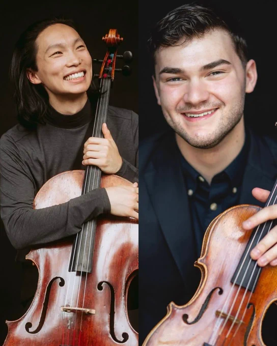 Two photos of people smiling while holding string instruments against a dark background. The person on the left holds a cello and is wearing a gray top. The person on the right holds a violin and is dressed in a navy shirt. Both appear happy and relaxed.