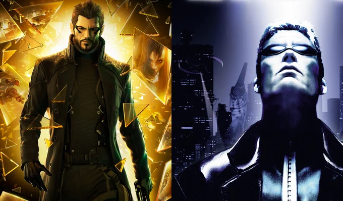 A combination of the cover arts of Deus Ex: HR (left) and Deus Ex 1 (right).