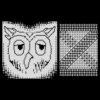 An owl's face, surrounded by a radiant nimbus, peers to the side beneath hooded eyes.  In a separate panel to the right, a giant letter X is traced out in text character textures with crossbars on top and beneath it.