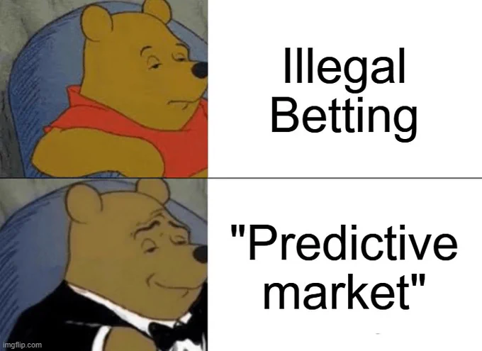 Two-panel meme with Winnie the Pooh; top shows casual Pooh labeled 'Illegal Betting', bottom shows Pooh in tuxedo labeled 'Predictive market'.