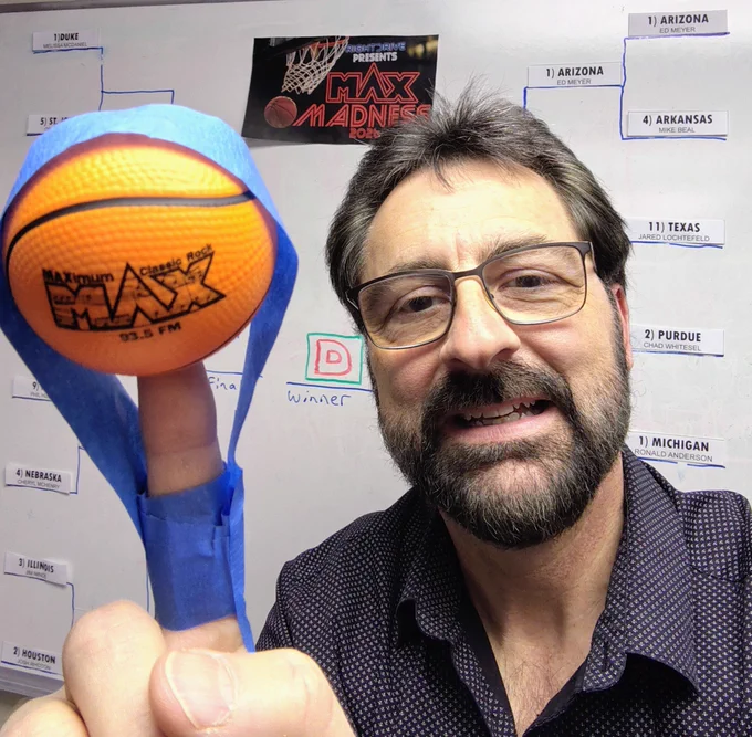 Sean Spence watching teams drop off my bracket. Listen for these highlights Sunday on MAX 93.5 FM from 9am to Noon...
* Sports roundup for Sunday has racing and balling
* Concert Calendar challenge for YOU to wear your Max gear to the Tuesday Dylan concert at Emens
* Bar band replay of a Greg Kihn Band song
* A Boston song recorded in a home basement (weren't they all?)
* Indonesian Machete Incident with Deep Purple

This show is shootin threes, Sunday mornings 9am to noon on radio, simulcast and streaming on MAXROCKS.NET AND posted there for 24 hours in the "Replay Any Hour" Podcast menu.  Long-range bomb the bucket!