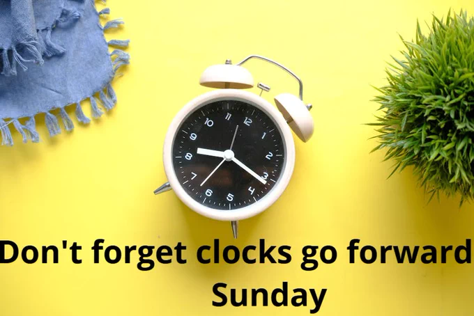 A vintage-style alarm clock on a vibrant yellow surface with a denim cloth and green plant.