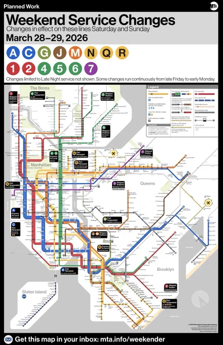 Weekend service change map between Mar 28-29, 2026