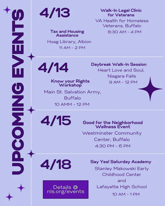 Upcoming events calendar in purple with stars. Details at nls.org . 4/13: Walk-In Legal Clinic for Veterans, 8:30 AM - 4 PM, VA Health for Homeless Veterans, Buffalo and Tax & Housing Assistance, Hoag Library, Albion, 11 AM - 2 PM. 4/14: Daybreak Walk-In Session, Heart Love and Soul, Niagara Falls, 9 AM - 12 PM and Know your Rights Workshop, Main St. Salvation Army, Buffalo, 10 AM - 12 PM. 4/15: Good for the Neighborhood Wellness Event, Westminster Community Center, Buffalo, 4:30 PM - 6 PM. 4/18: Say Yes! Saturday Academy, Stanley Makowski Early Childhood Center and Lafayette High School, 10 AM - 1 PM.