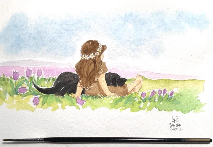 Sandra Russell Art watercolour illustration of the backs of a girl sitting cross legged with a black labrador dog laying down to her left. They are surrounded by violet tulips.