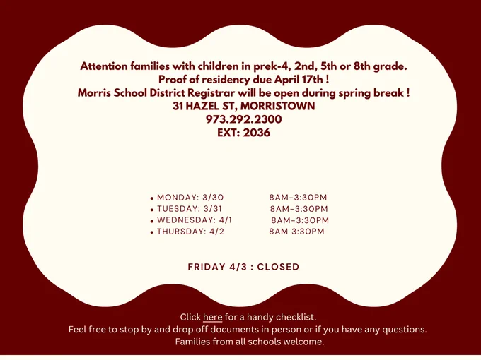 Announcement flyer for school registration opening on April 1st, with schedule of office hours and contact information.