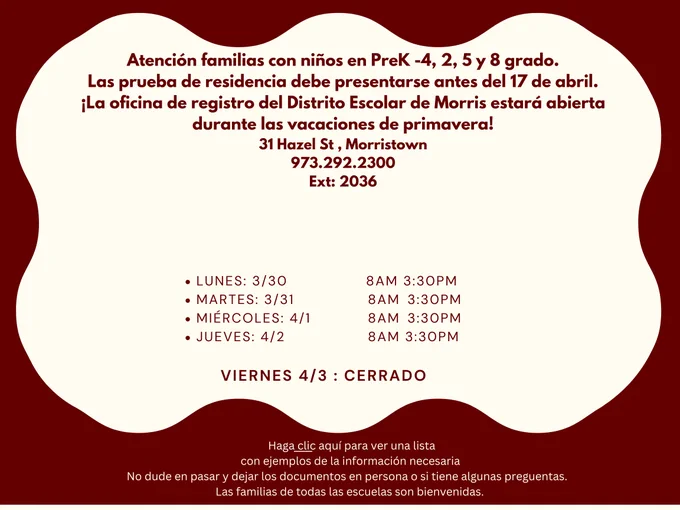 Announcement for pre-K-8 grade families about school registration office hours during spring break, with schedule of open hours.