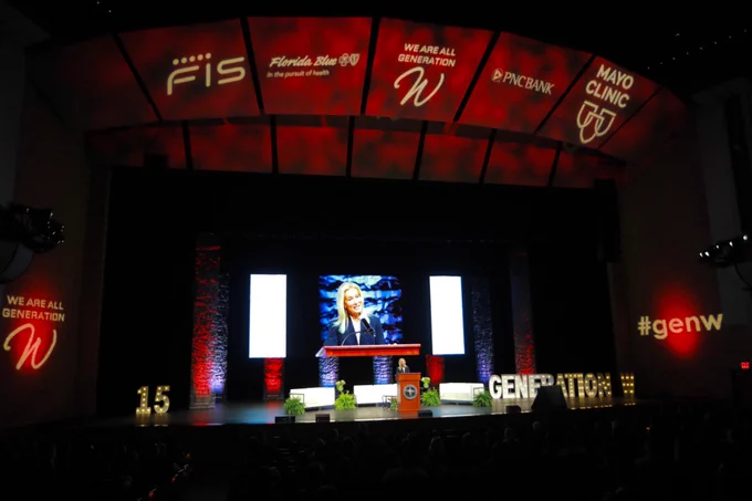 Mayor Deegan speaking on stage at the generation W event