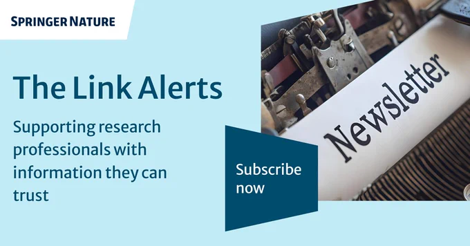 Springer Nature's 'The Link Alerts' promotes their newsletter, supporting research professionals with trusted information. An image of a typewriter shows the word 'Newsletter' printed on paper, with a 'Subscribe now' prompt.