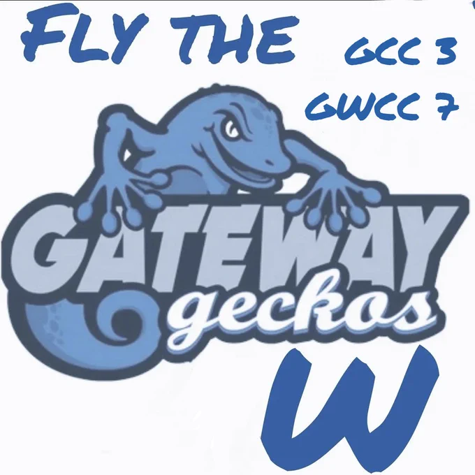 Logo of a blue gecko over the words "GATEWAY geckos" with the phrase "FLY THE W".

Transcribed Text:

GATEWAY GECKOS FLY THE W GCC 3 GWCC 7 