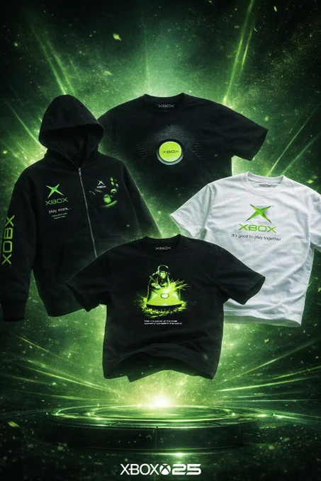 Xbox 25th anniversary apparel collection featuring a black zip hoodie and three graphic T-shirts (black and white) with neon green Xbox branding and retro-inspired designs