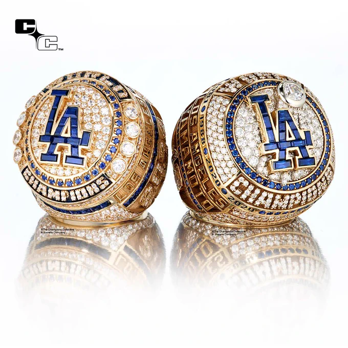 A photo of both the 2024 and 2025 World Series Championship rings.