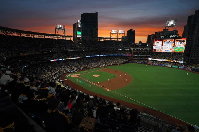 An overhead shot of Petco Park with a sunset Friday night.
(Photo: Ryan Levy, Major League Baseball)