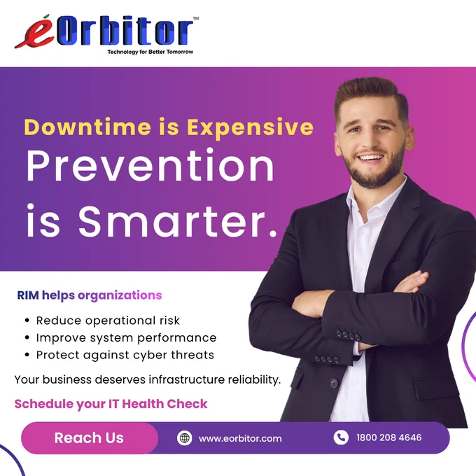 eOrbitor RiM launch ad. Bold purple background, professional figure. Text: "Downtime is Expensive. Prevention is Smarter." IT infrastructure management service by eOrbitor Technologies.