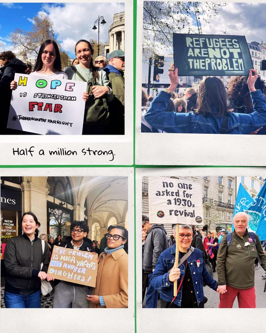 Top Left: Two women stand together holding a white sign with colorful letters that says "HOPE IS STRONGER THAN FEAR" and the hashtag #TogetherAgainstTheFarRight.

Top Right: A person seen from behind holds up a dark sign with white text: "REFUGEES ARE NOT THE PROBLEM."

Bottom Left: Three young adults stand outside a cafe, smiling. They hold a cardboard sign that reads, "THE PROBLEM IS MEGA YACHTS NOT RUBBER DINGHIES!"

Bottom Right: An older couple holds hands while walking. One holds a sign that says, "no one asked for a 1930s revival."