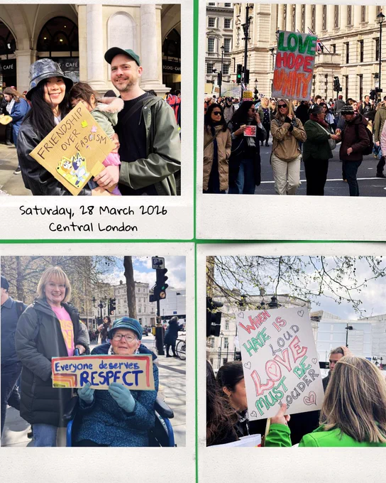 Top Left: A smiling man and woman pose together; the man holds a young child. They carry a cardboard sign featuring a drawing of cartoon characters and the words "Friendship Over Fascism."

Top Right: A person in a tan jacket walks through a street, holding a tall sign that reads "LOVE HOPE UNITY" in colorful, stacked letters.

Bottom Left: Two women smile for the camera, one of whom is using a wheelchair. They hold a sign together that says "Everyone deserves RESPECT."

Bottom Right: A close-up from behind a group of people, focusing on a hand-drawn sign with pink and green lettering that reads, "When HATE IS LOUD LOVE MUST BE LOUDER."
