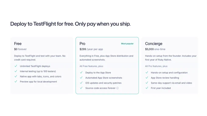 Screenshot of Ruby Native's pricing cards.