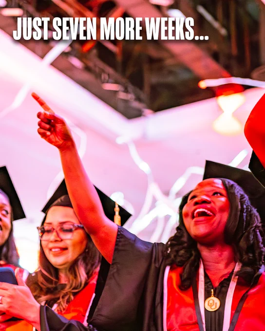 Three people wearing graduation caps and gowns are celebrating. One person is pointing upwards with excitement. The background is vibrant with bright lights. Text at the top reads, "JUST SEVEN MORE WEEKS..."