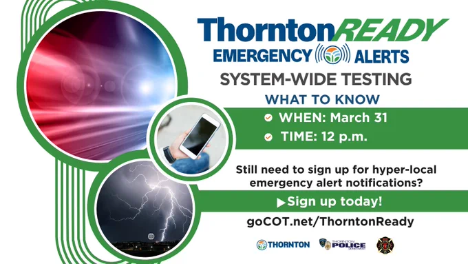 Graphic with text stating "System-wide testing March 31 at 12 p.m."