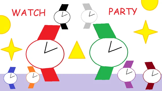 An illustration of many watches on a purple floor (with two floating) and the text "WATCH PARTY". The background has 4-pointed stars, circles and a triangle to emulate a party environment.