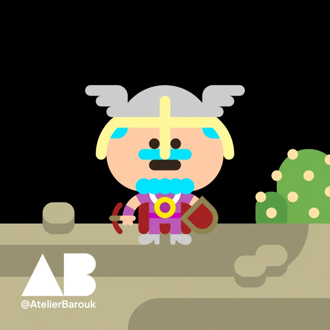 A flat colors chibi fan art of an Old School Rune Scape avatar, standing on a dessert landscape. Made by @AtelierBarouk.